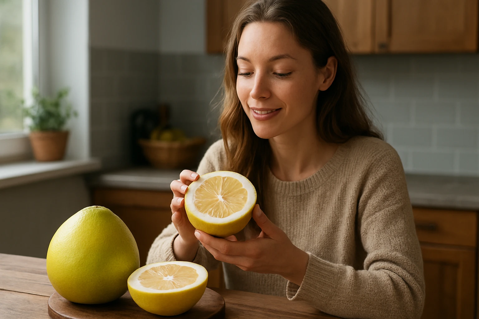 Žena v kuchyni drží polovičku žltého citrusového ovocia a usmieva sa.