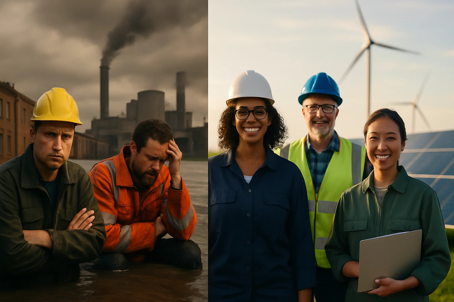 Dva muži v pracovných odevoch smutne sedia pri znečistenom prostredí, zatiaľ čo štyria šťastní pracovníci stoja pred obnoviteľnými zdrojmi energie.