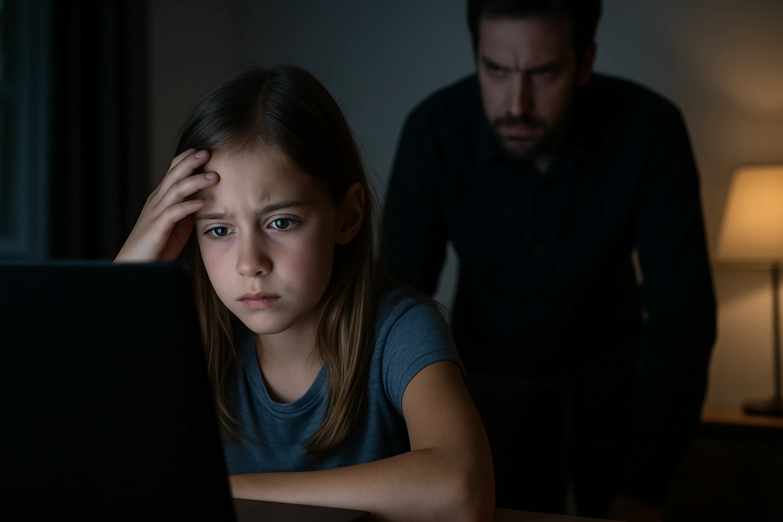 Dievča so zamysleným výrazom sedí pred laptopom, zatiaľ čo muž stojí za ňou.