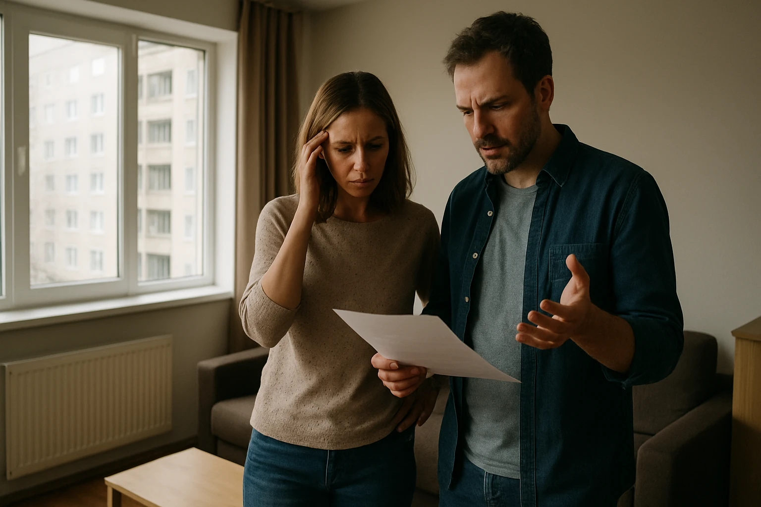 Dvojica ľudí, muž a žena, sa znepokojene pozerajú na papier v obývacej izbe.