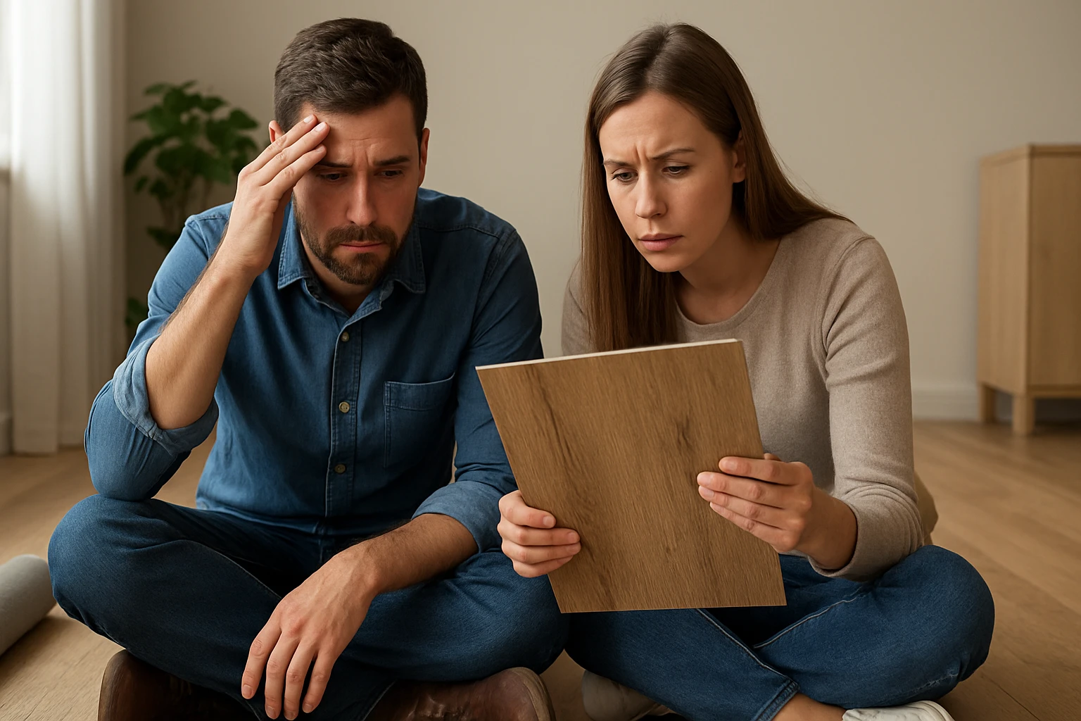 Mladý pár, ktorý sa zamýšľa nad dokumentom, vyzerajúci znepokojene.