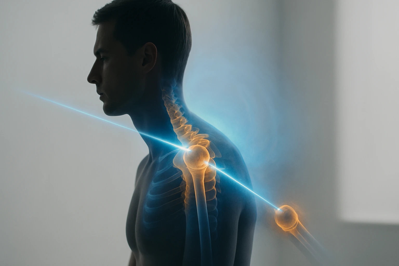 Profilový pohľad na muža so zobrazenou chrbticou a ramenom v modro-oranžovej farbe.