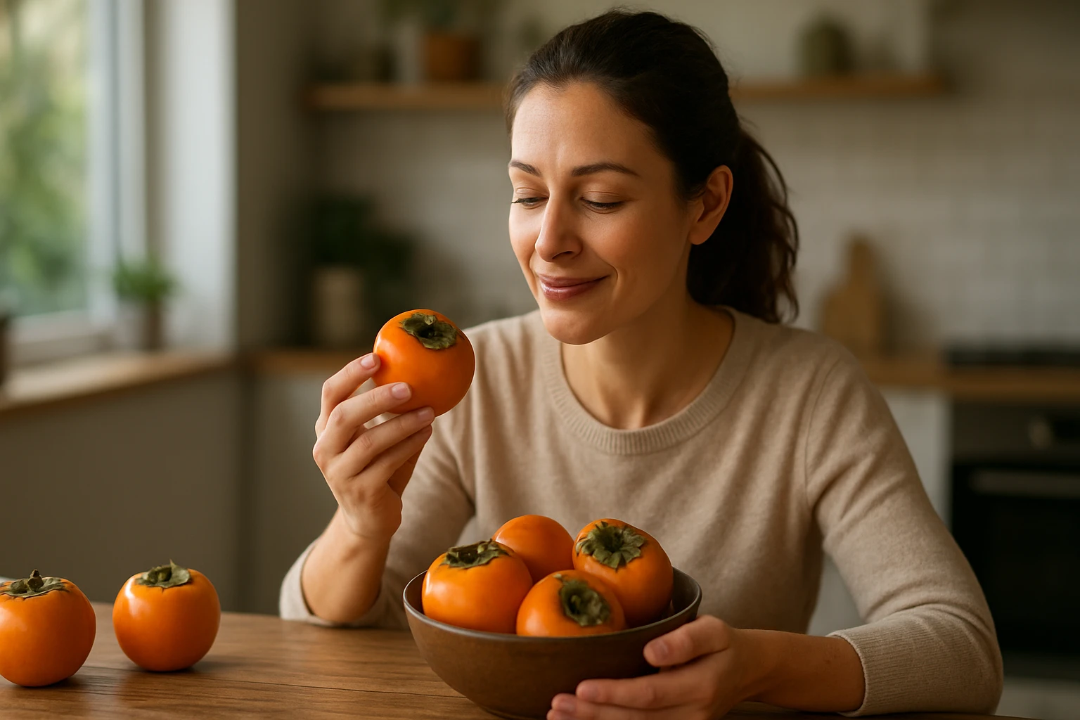 Žena sa usmieva a drží v ruke zrelý kaki, pred ňou je miska s ovocím.
