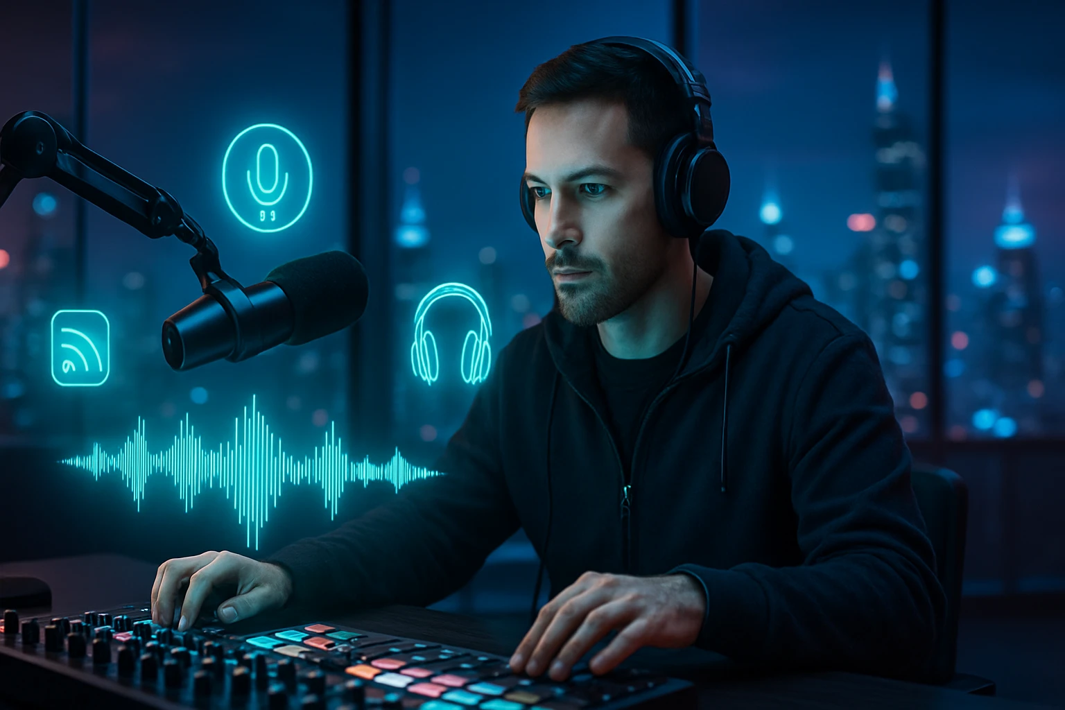 Muž v slúchadlách ovláda zvukový pult v noci s mestským pozadím.