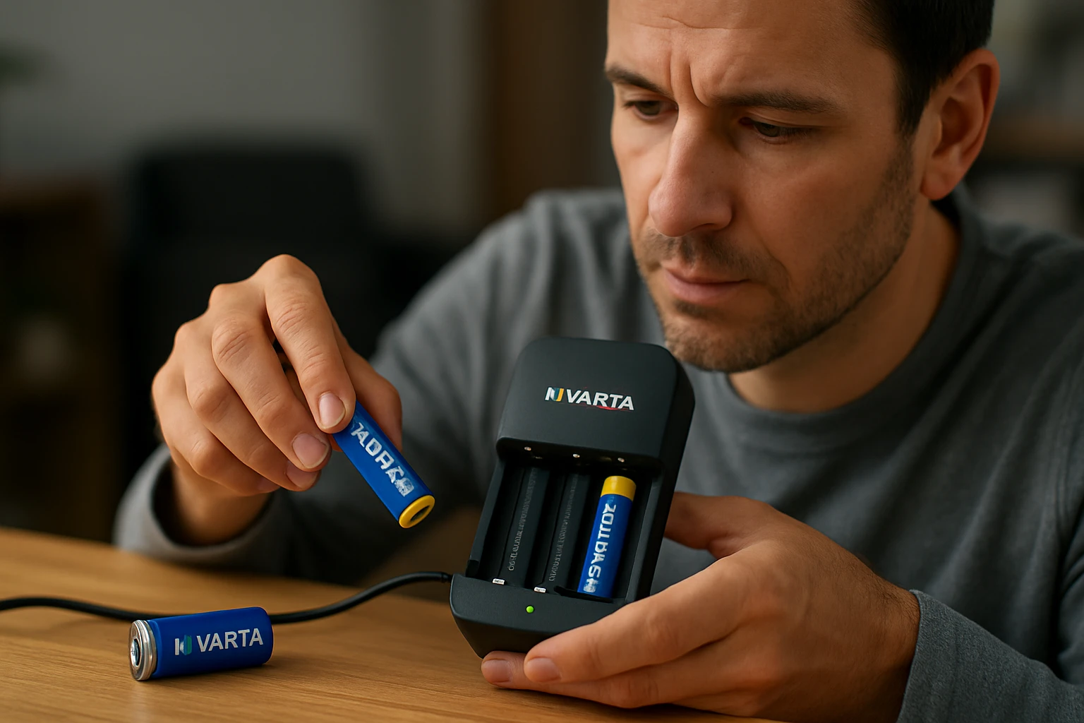 Muž nabíjajúci batérie Varta v inteligentnej nabíjačke.