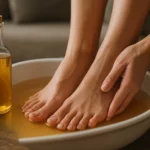 Osoba ponára nohy do octového kúpeľa pre relaxáciu a starostlivosť o zdravie nôh.