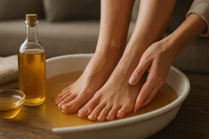 Osoba ponára nohy do octového kúpeľa pre relaxáciu a starostlivosť o zdravie nôh.