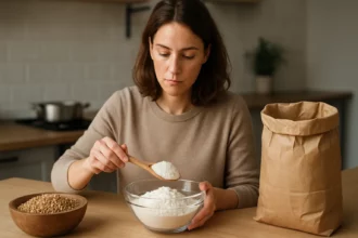 Žena meria múku na prípravu jedla, do ktorej môže byť pridaný divoký cholesterol.