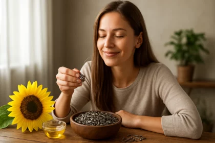 Žena s úsmevom si vychutnáva slnečnicové semienka v miske.