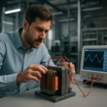 Inžinier testuje elektronický transformátor s osciloskopom