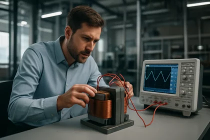 Inžinier testuje elektronický transformátor s osciloskopom