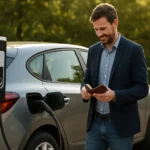 Muž s hybridným autom pri nabíjacej stanici, šetriaci peniaze a energiu.