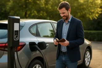 Muž s hybridným autom pri nabíjacej stanici, šetriaci peniaze a energiu.