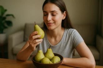Žena drží hrušku s úsměvem, vedle mísa plná hrušek.