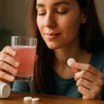 Žena užíva šumivé tablety s obsahom železa a nápojom.