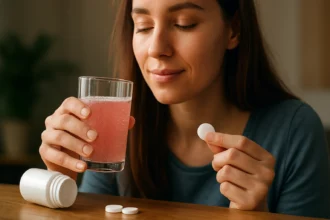 Žena užíva šumivé tablety s obsahom železa a nápojom.