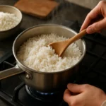 Osoba varí ryžu s drevenou lyžicou v hrnci