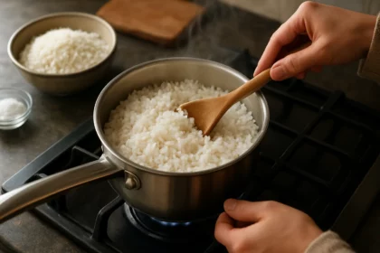 Osoba varí ryžu s drevenou lyžicou v hrnci