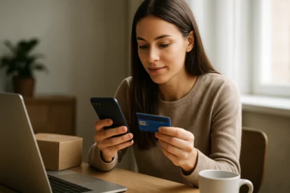 Žena nakupuje online na Wish s mobilom a platobnou kartou.