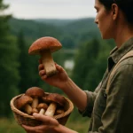Osoba s olejovými hubami v prírode, symbolizujúcimi udržateľnú výživu.