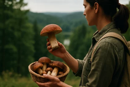 Osoba s olejovými hubami v prírode, symbolizujúcimi udržateľnú výživu.