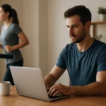 Muži pracujúci na notebooku zatiaľ čo žena cvičí na bežeckom páse.