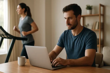 Muži pracujúci na notebooku zatiaľ čo žena cvičí na bežeckom páse.