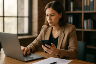 Žena pracujúca na laptope a sledujúca mobilný telefón.