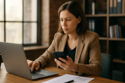 Žena pracujúca na laptope a sledujúca mobilný telefón.