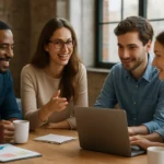 Skupina mladých profesionálov diskutuje pri káve a laptopoch.