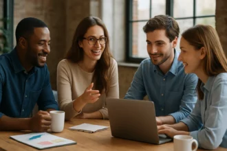 Skupina mladých profesionálov diskutuje pri káve a laptopoch.