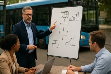 Odborník diskutuje stratégie optimalizácie autobusovej dopravy.