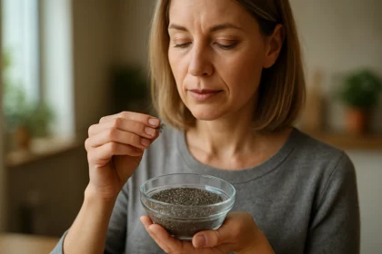 Žena skúma chia semienka v sklenenej miske, symbol zdravia a vitality.