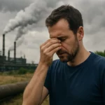 Muž so zdravotnými problémami v prostredí priemyselnej ťažby.