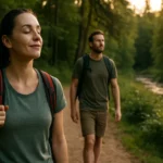 Pár turistov na chodníku v lese, užívajúci si prírodu.