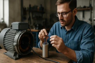 Muž inštaluje kondenzátor do elektromotora v dielni.