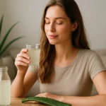 Žena vychutnáva aloe vera gélový nápoj na zlepšenie zdravia