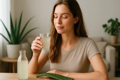 Žena vychutnáva aloe vera gélový nápoj na zlepšenie zdravia