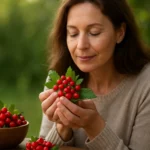 Žena drží hloh, prírodný liek pre srdce a cievy.