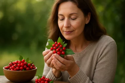 Žena drží hloh, prírodný liek pre srdce a cievy.