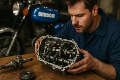 Mechanik skúma prevodovku Simson na stole s motocyklom v pozadí.