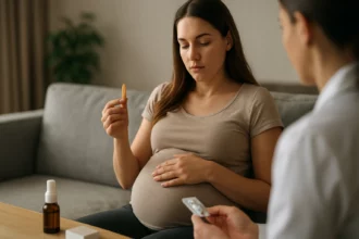 Tehotná žena skúma Betadine čapíky v konzultácii s lekárom