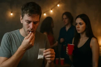 Mladý muž užíva párty drogy na nezabezpečenej večierku.