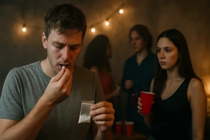 Mladý muž užíva párty drogy na nezabezpečenej večierku.