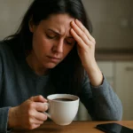Žena s bolestivým výrazom, drží šálku kávy