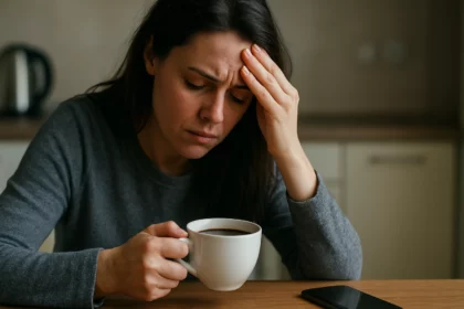 Žena s bolestivým výrazom, drží šálku kávy