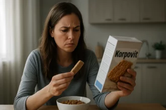 Žena skúma zloženie korpovit keksz pri raňajkách.