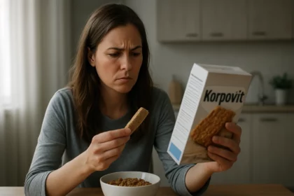 Žena skúma zloženie korpovit keksz pri raňajkách.