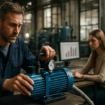 Mechanik upravuje vákuové čerpadlo v priemyselnej pracovnej oblasti