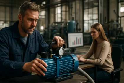 Mechanik upravuje vákuové čerpadlo v priemyselnej pracovnej oblasti